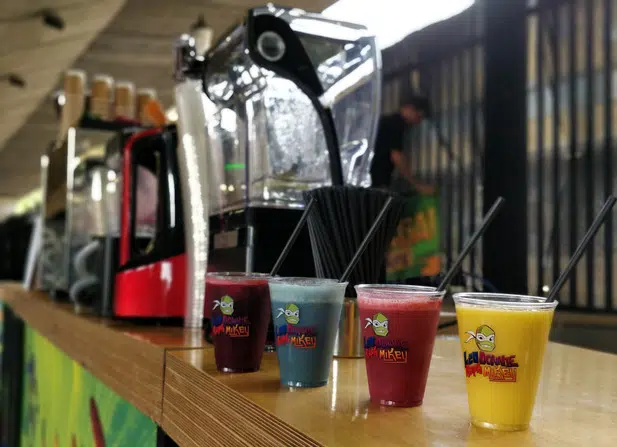 smoothie bar with branded products lined up